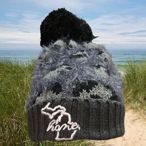 Michigan Home Beanie Knit Hat Fuzzy Leopard Pom Winter‎ Cap